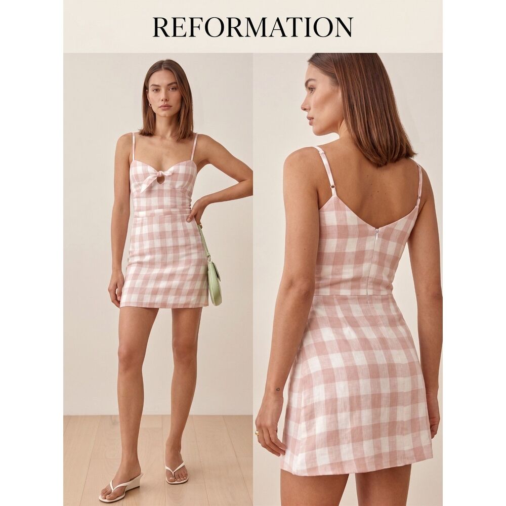 Reformation Beliz Gingham Pink Plaid Mini Dress Sz 4 100% Linen
